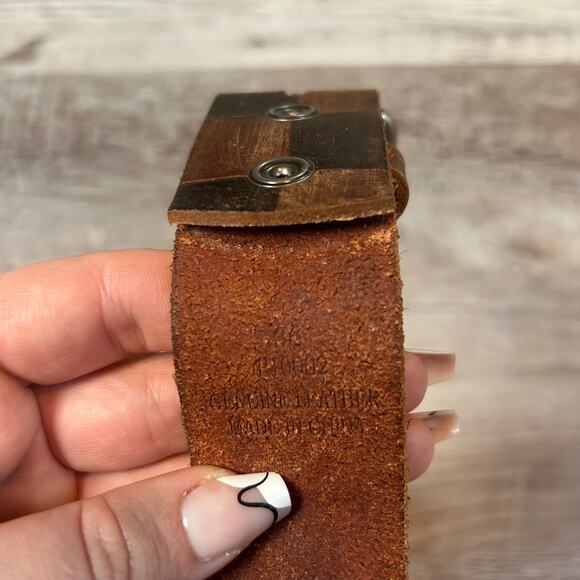 Vintage 90s Y2K Brown Checkerboard Leather Belt Silver Buckle Y2K Medium - Picture 4 of 8